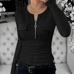 Long Sleeve Half Zip Flap Detail Ribbed Tee Slim Fit Brushed Top