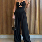 Women's Gold Ring Hollow Out Wide Leg Jumpsuit Backless Adjustable Strap Romper Elegant Party Jumpsuit