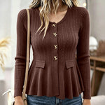 Women's Peplum Ruffle Hem Cardigan Cable Knit Slim Fit Sweater V Neck Gold Bow Button Down Top