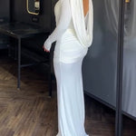 Cowl Neck Ruched Zipper Back Slim Fit Maxi Dress Casual Padded Shoulders Backless Evening Dress