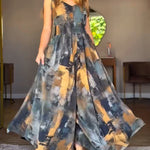 Abstract Oil Painting Print V-Neck Stretchy Thick Straps High Waist Backless Overalls Casual Shirred Waist Cinched Waist Wide Leg Jumpsuit