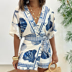 Starfish & Seashell Print Overlap V Neck Half Sleeve Wrap Knot Side Romper Casual Stretchy Back Waist Vacation Romper