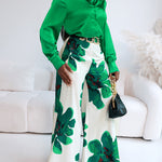 2 Pieces Outfit Long Sleeve Satin Blouse and Casual Floral Print High Waist Wide Leg Pants Set