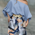 2 Pieces Outfit Skew Neck Batwing Sleeve Stretchy Hem Top and Casual Abstract Print Zipper Fly Elastic Back Waist Wide Leg Pants Set without Belt