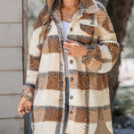 Women's Plaid Fleece Shacket Lapel Button Down Mid Length Oversized Jacket