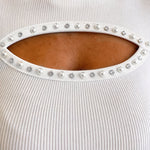 Women's Pearl Rhinestone Hollow-out Long Sleeve Ribbed Fitted Top