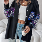 Colorblock Sequin Patchwork Long Sleeve Jacket Top Button Front Raw Hem Shacket