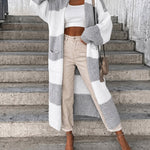 Women's Checkerboard Knit Cardigan Oversized Long Chunky Sweater Loose Lantern Sleeve Coat with Pockets