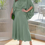 2 Pieces Outfit Stand Collar Batwing Sleeve Tie Back Top and High Waist Elastic Back Waist Skirt Set Elegant Satin Commuting Set