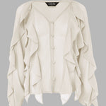V Neck Shoulder Ruffles Design Blouse Casual Button Front Long Sleeve Top