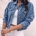 Women's Rhinestone Denim Jacket Vintage Washed Button-Down Jean Jacket Sparkly Loose Fit Streetwear Outwear