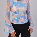 Women's Floral Watercolor Print Boat Neck Ruched Sheer Mesh Flare Sleeve Top