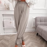 Women's Lace Patchwork Pants Elastic High Waist Hollow Out Ruffle Hem Lantern Trousers Casual Loose Lounge Pants