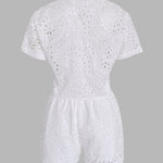 Women's Eyelet Embroidery Two Piece Outfits Stand Collar Button Up Crop Top and High Waist Shorts Set