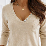 Women's V-Neck Button Decor Knit Top Long Sleeve Slimming Tee with Chest Pocket Casual Soft Pullover