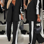 2 Pieces Outfit Notched Collar Single Breasted Pockets Design Coat and Elastic Waist Seam Front Wide Leg Pants Set Casual Contrast Side Striped Blazer Set