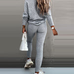 2 Pieces Outfit Skew Neck Long Sleeve Loose Pullover Top and Drawstring High Waist Slim Fit Pants Set