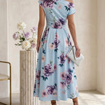 Women's Skew Neck Midi Dress Elegant Ruched Floral A-Line Dress High Waisted Vacation Dress with Pockets