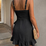 Women's Adjustable Chain Strap Tie Front Ruffle Hem Dress Backless Shirred Ruched Cami Mini Dress