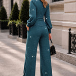 Women's 2 Piece Glitter Set Deep V Neck Lantern Sleeve Ruched Top and Wide Leg Pants with Pockets
