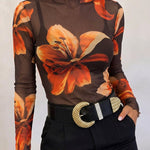 Women's Floral Print Sheer Mesh Top Frill Trim Mock Neck Long Sleeve Tee