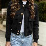 Women's Vintage Argyle Cable Knit Bomber Jacket Elegant Baseball Collar Button Down Cropped Coat with Flap Pockets