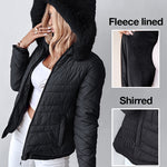 Zipper Pocket Design Shirred Fuzzy Trim Fleece Lined Hooded Puffer Jacket