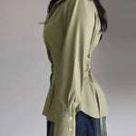 Turn-down Collar Long Sleeve Button Front Blouse Casual Back Criss Cross Tied Detail Fishtail Shirt