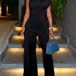 Women's 2 Piece Set Asymmetric Mock Neck Draped Top and High Waist Flare Pants