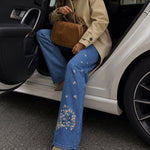 Women's High Waisted Floral Embroidered Flare Jeans Washed Denim Pants
