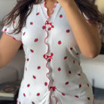 2 Pieces Outfit Strawberry Print Stand Collar Short Sleeve T-shirt and Pants Pajamas Set