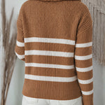 Women's Half Zip Striped Sweater Colorblock Turn-down Collar Knit Pullover Drop Shoulder Loose Fit Top