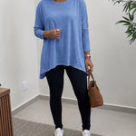 Women's Asymmetric Hem Long Sleeve Top Loose Fit Dropped Shoulder Crewneck Soft Slouchy Casual Tee