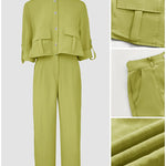 2 Pieces Outfit Turn-down Collar Turn-Up Sleeves Button Front Flap Pockets Design Top and Causal Zipper Fly Elastic Back Waist Wide Leg Pants Set