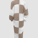 Women's Checkerboard Knit Cardigan Oversized Long Chunky Sweater Loose Lantern Sleeve Coat with Pockets