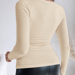 Built In Bra U Neck Tee High Stretchy Knit T-Shirt Long Sleeve Top