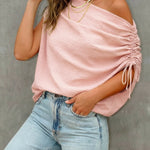 Skew Neck Drawstring Sleeve Loose Fit Casual Top