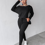 2 Pieces Outfit Long Sleeve Skew Neck Pullover Top and Drawstring Elastic Waist Slim Fit Pants Set