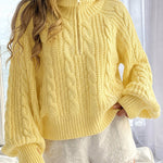 Women's Half Zip Cable Knit Sweater Lapel Long Sleeve Loose Pullover with Thumb Holes