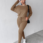 2 Pieces Outfit Long Sleeve Skew Neck Pullover Top and Drawstring Elastic Waist Slim Fit Pants Set