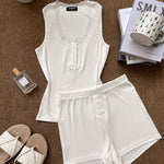 Women's 2-Piece Pajamas Set Lace Trim Henley Neck Tank Top and Shorts Set Casual Loungewear