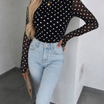Women's Mesh Polka Dot Top Lined Sheer Long Sleeve Tee Crewneck Slim Fit Layering Under Base Top with Thumbholes