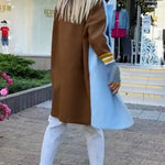 Color Block Long Trench Coat Single Breasted Detachable Fuzzy Leopard Pattern Lapel Overcoat