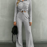 Women's 2 Piece Ribbed Knit Outfits Button Down Top and Straight Leg Pants Set Casual Loungewear Matching Tracksuit