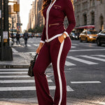 Women's 2 Piece Set Two-Way Zipper Front Stand Collar Top and High Waist Straight Leg Pants Casual Tracksuit