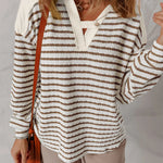 Women's Striped V Neck Colorblock Hooded Top Long Sleeve Casual Sweatshirt