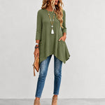 Women's Ribbed Asymmetrical Hem Top Crewneck Three Quarters Sleeve A-Line Casual Top