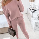 2 Pieces Outfit Long Sleeve Skew Neck Pullover Top and Drawstring Elastic Waist Slim Fit Pants Set
