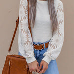 Women's Crewneck Long Sleeve Lace Sunflower Patchwork Waffle Knit Top