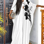 2 Pieces Outfit Floral Placement Print V-Neck Batwing Sleeve High Slit Front Longline Top and Casual Drawstring Elastic Waist Pants Set with Pockets & Lining